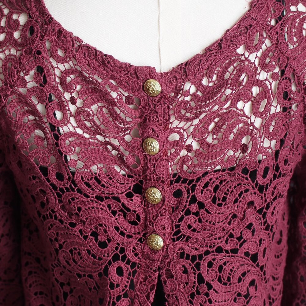 Gorgeous Burgundy Lace Blouse with Beautiful Gold Tone Metal Buttons